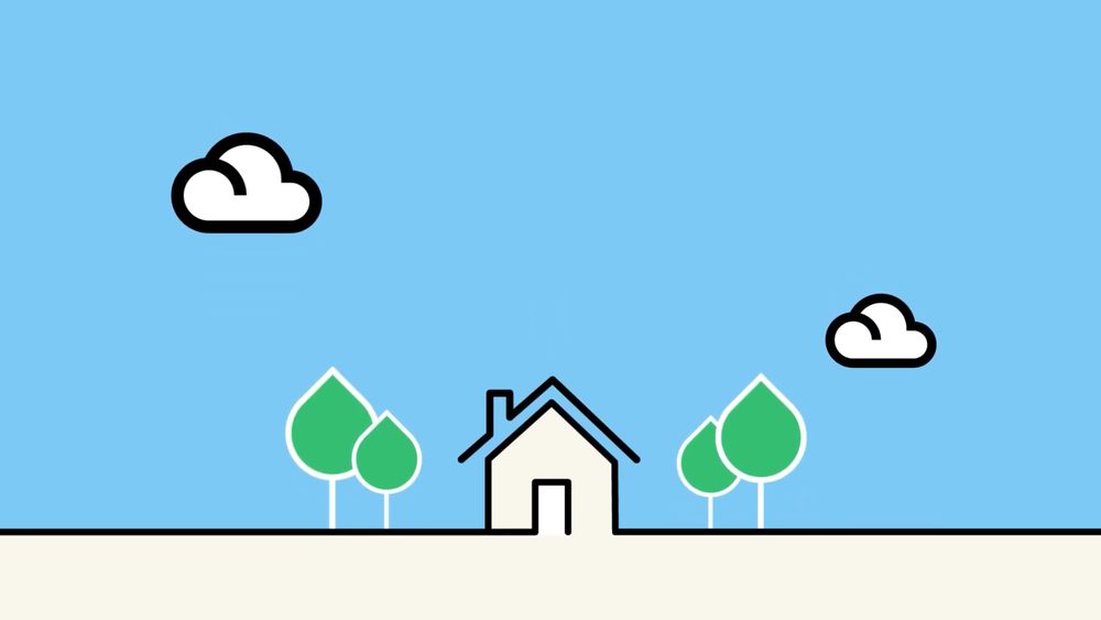 Animatiebeeld: huis met bomen en wolken in een vlakke illustratiestijl