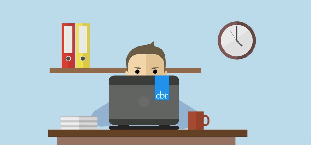 Animatiebeeld: figuur achter een laptop met CBR-logo aan een bureau